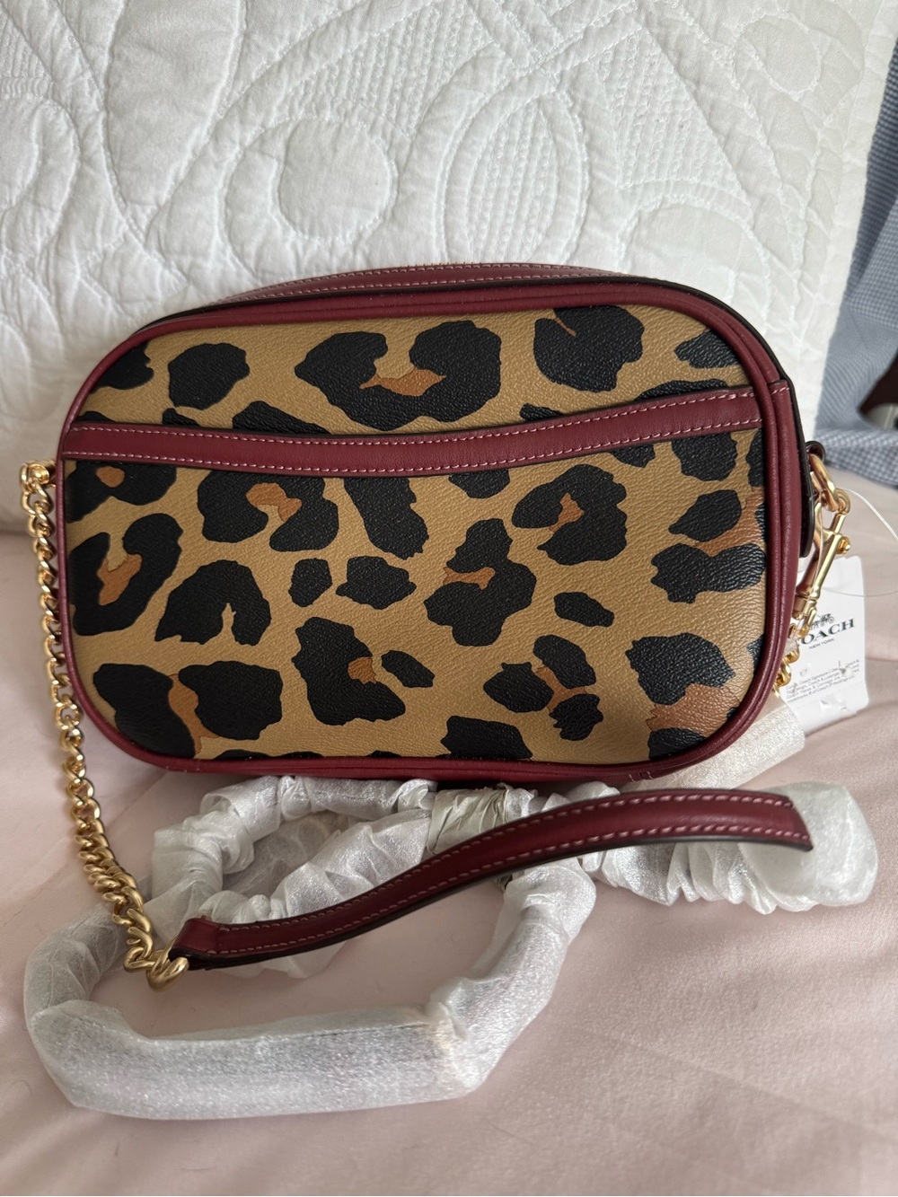 Coach Leopard Print Crossbody in Tan and Burgundy